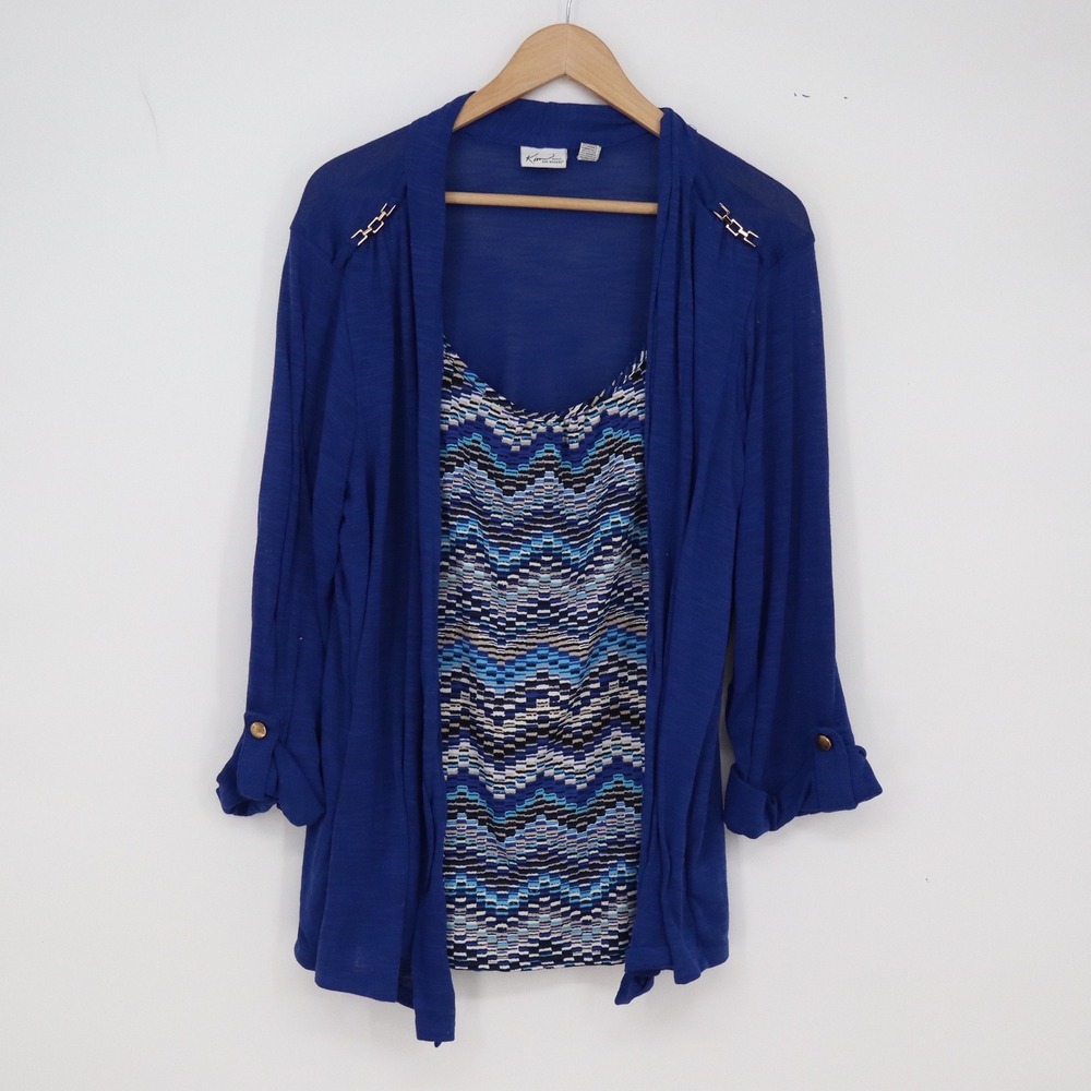 Kim Rogers Top Womens 1X Layered Cardigan Tank Blue Chevron Hardware Excellent